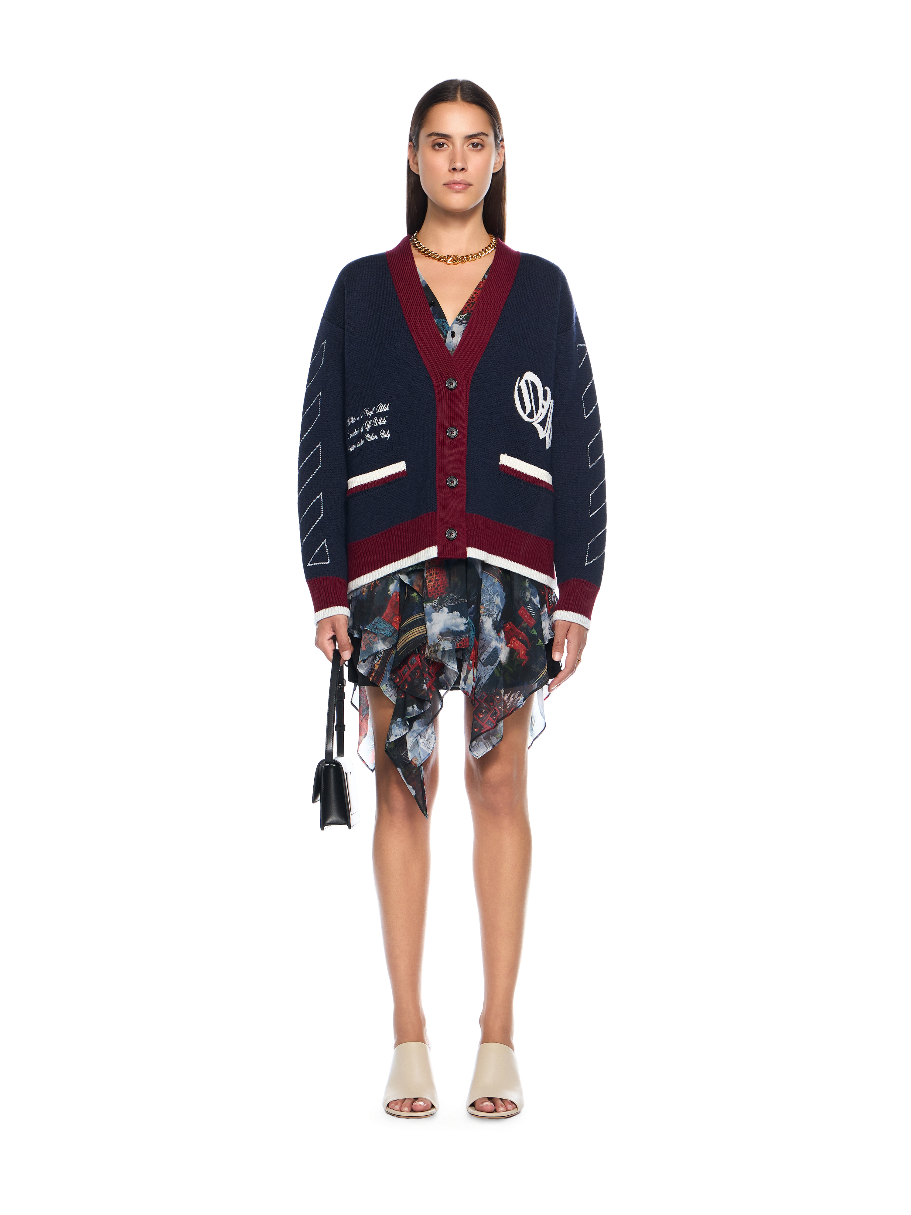 Jacquard Knit Varsity Cardigan in BLUE IRIS-WHITE for Women