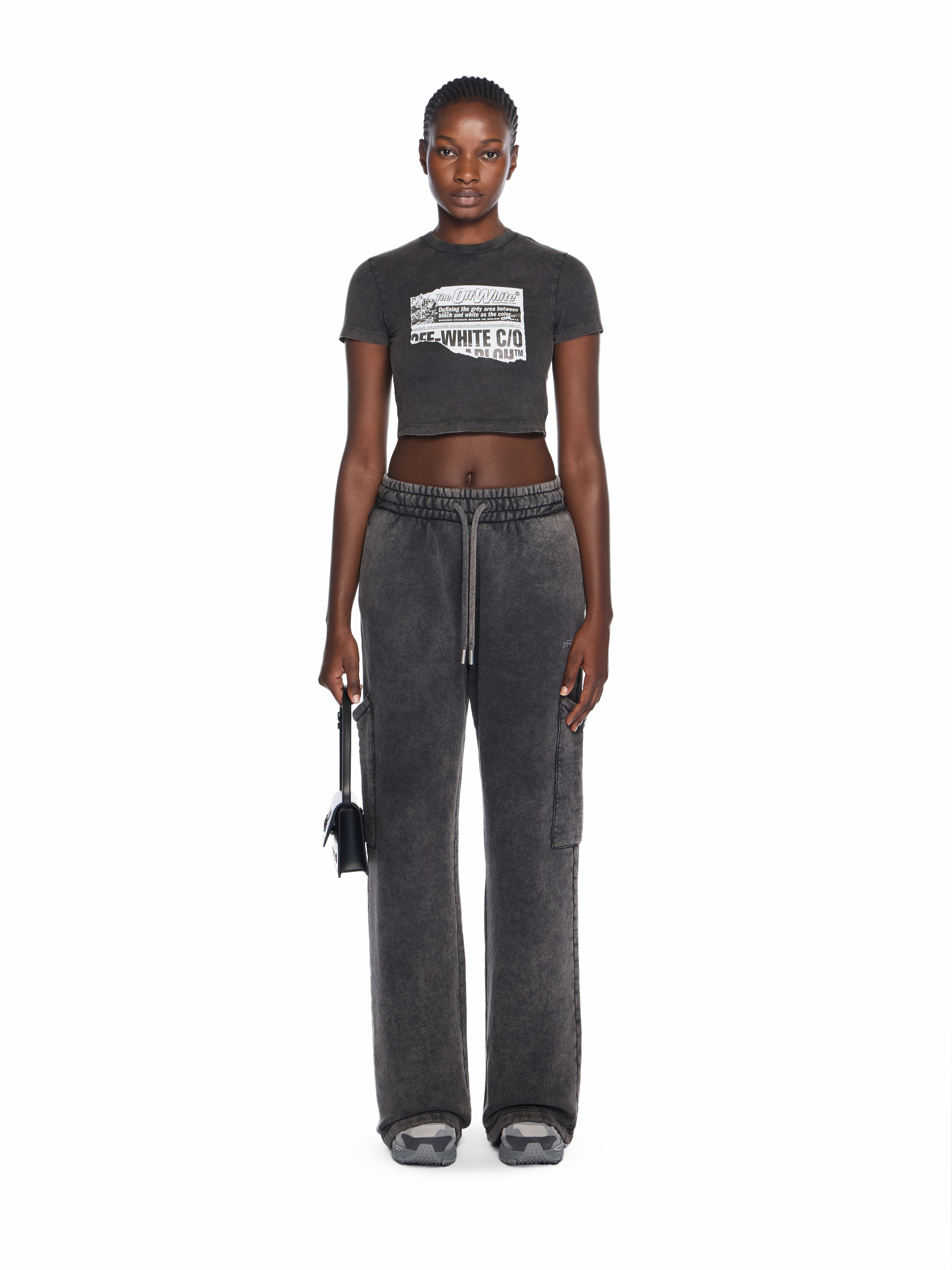  Off White News Print 90s Crop Logo Tee - Female  Marble Black-black S 