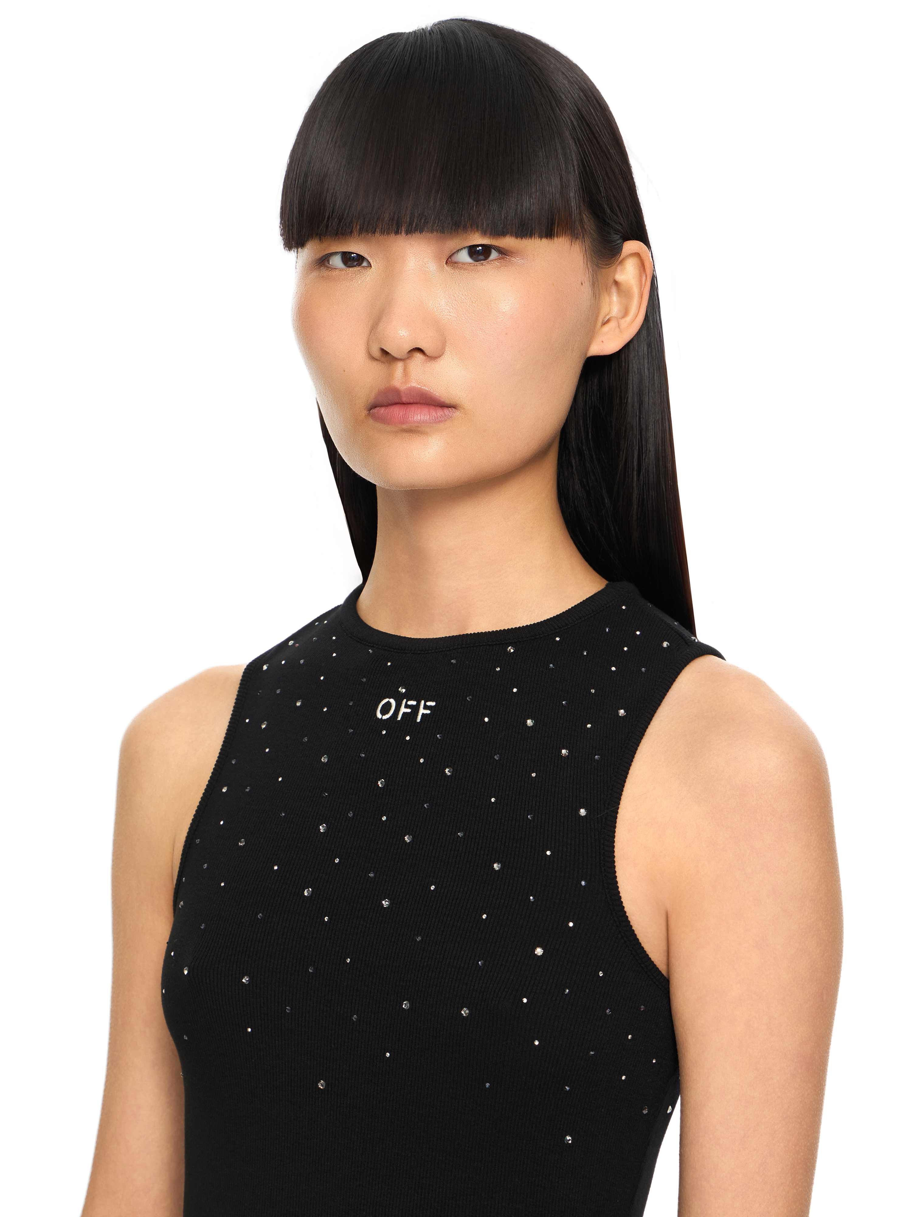 Off-white Ribbed Swarovski Crystal Slim Mini Dress In Black
